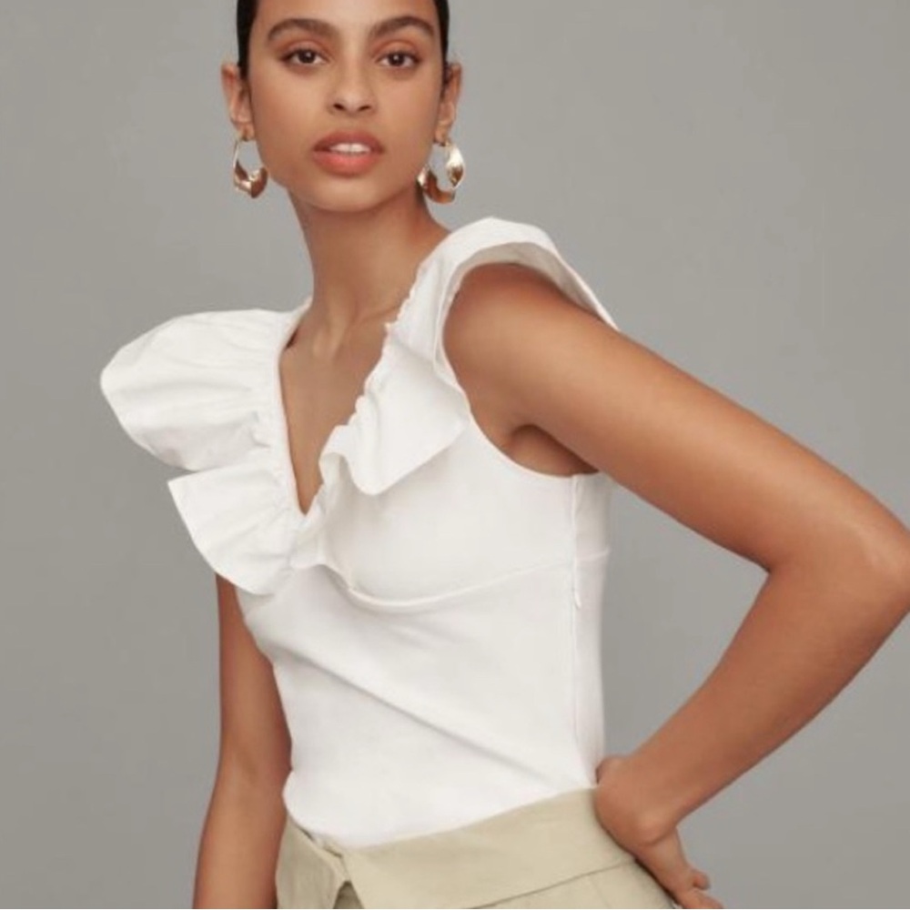 Anthropologie White Ruffle Sleeve Tank Top